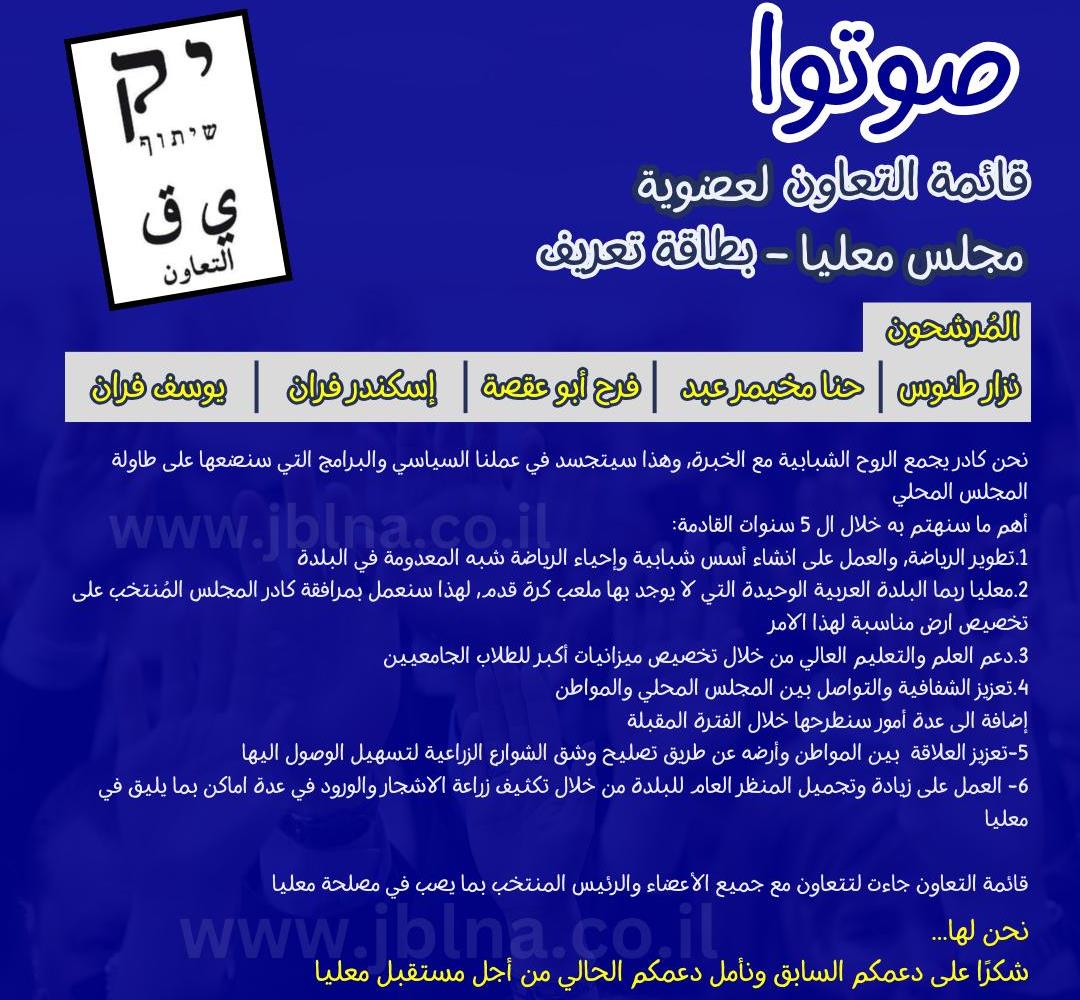 انتخابات السلطات المحلية- معليا - قائمة التعاون وشعارها ي ق (יק)